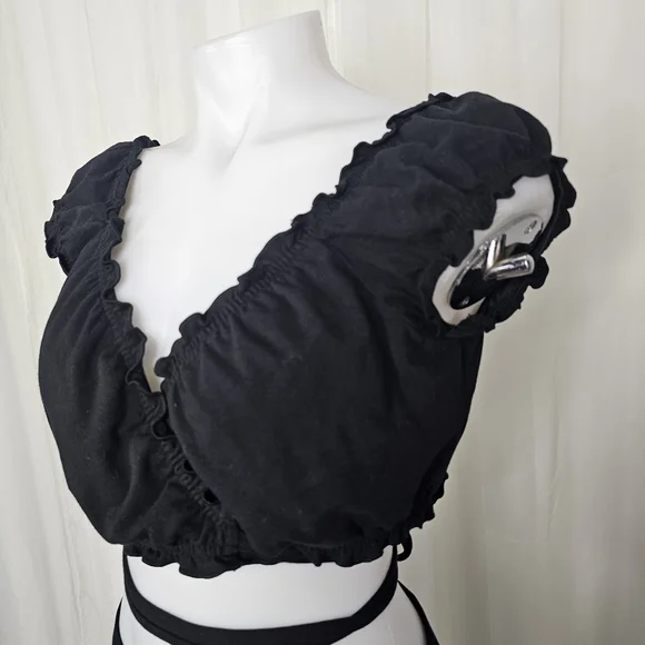 Garage Black Cotton Crop Wrap Top Tie Waist Baddie Vibes XL - Picture 4 of 9